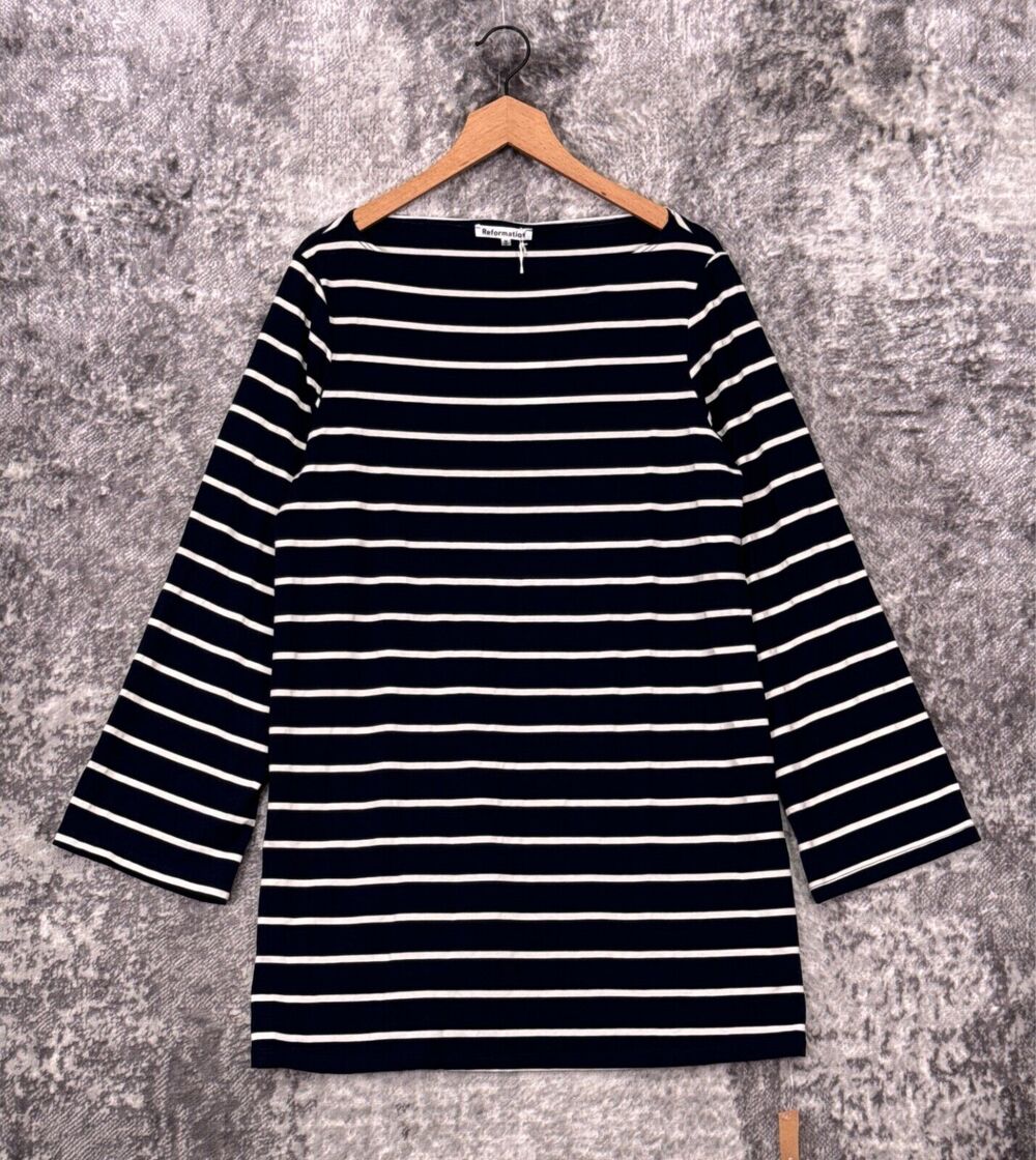New Reformation Dress Medium Womens Junia Knit Stripe Navy Blue Shirt Style
